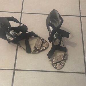 MICHAEL Michael Kors Black Strappy Heels with Snake-Print Toe